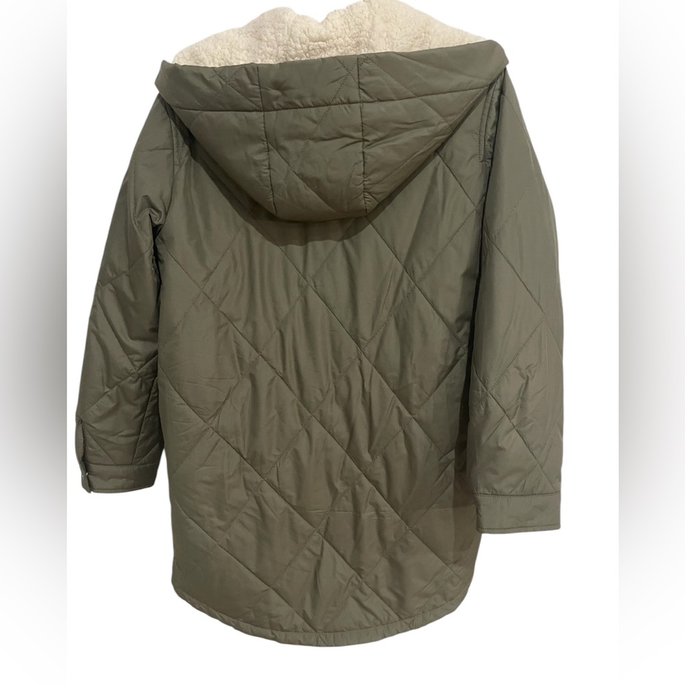 Hollister Green Sherpa Fur Lined Diamond Quilted Hooded Jacket Coat Size Small - Picture 3 of 10